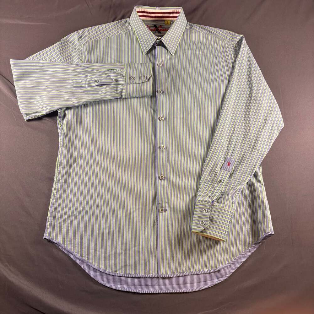 Robert Graham Dress Shirt Mens Size L Purple Green Striped Long Sleeve